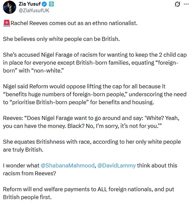 The jibe drew a furious response from Reform policy chief Zia Yusuf, who insisted it amounted to 'ethno-nationalism'