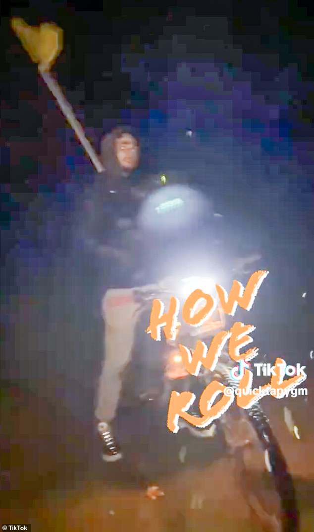 A video captioned 'how we roll' was uploaded to TikTok showing the youths waving a golf flag above their head as they inflicted the damage