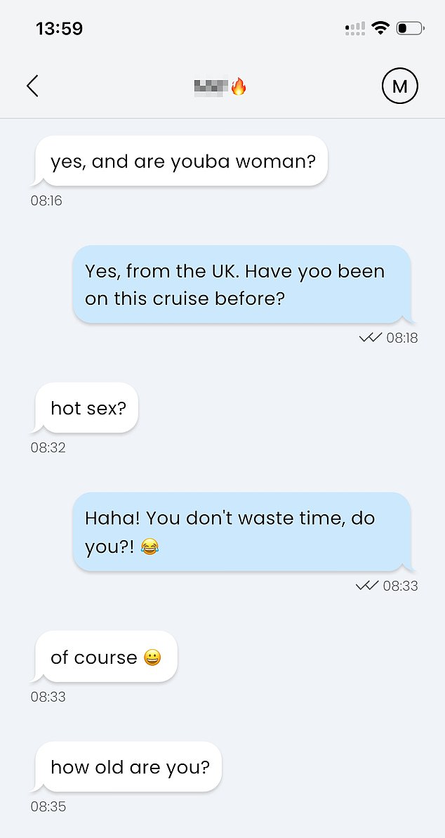 Another potential 'suitor' on the app's chat function asks Samantha if she wants 'hot sex'
