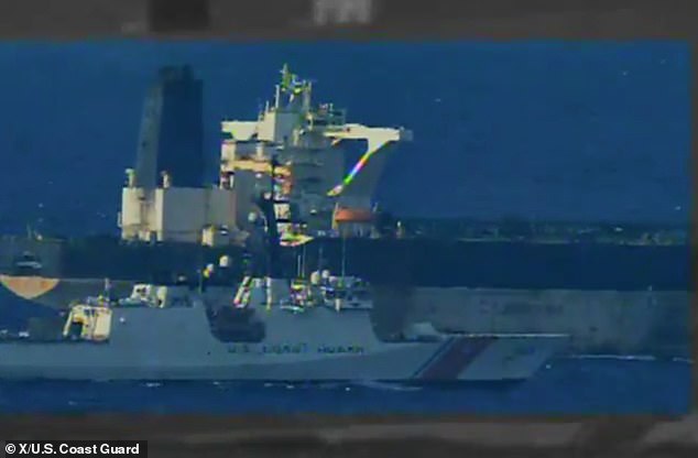 The video shows the USCGC Munro pursuring the Russian-flagged Marinera vessel, previously called Bella 1, in an operation in the North Atlantic