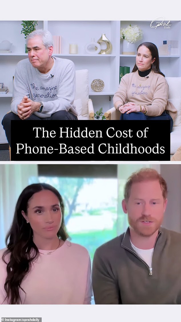 The Duke and Duchess of Sussex dialled in remotely to speak with authors Jonathan Haidt (top left) and Catherine Price (top right), who have just released The Amazing Generation