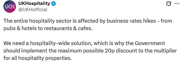 Industry body UK Hospitality warned that any concessions should not be limited to pubs