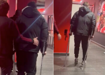 Conor Bradley leaves Emirates Stadium on crutches after horror injury that sparked Martinelli's 'disgraceful' antics