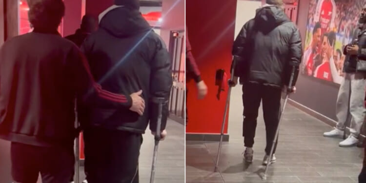 Conor Bradley leaves Emirates Stadium on crutches after horror injury that sparked Martinelli's 'disgraceful' antics