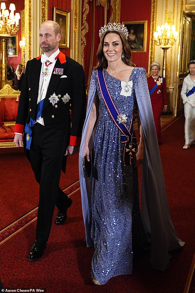 In a dazzling display of pomp and pageantry, Kate joined the King, Queen Camilla, and her husband Prince William at a Windsor Castle state banquet for the German president Frank-Walter Steinmeier in December