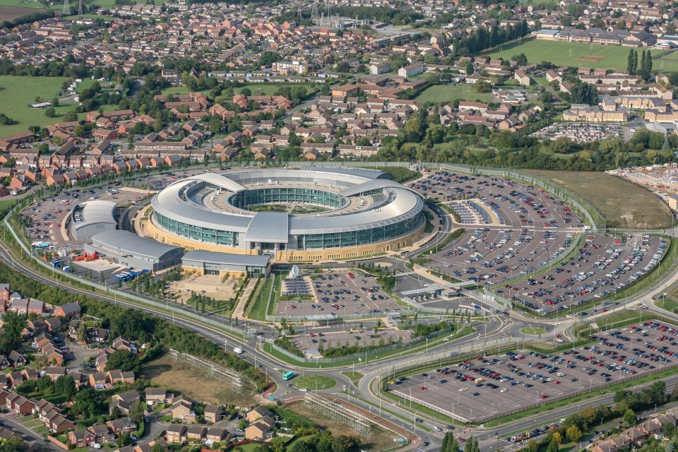 Aerial photograph of the GCHQ government communications headquarters in Cheltenham, England.