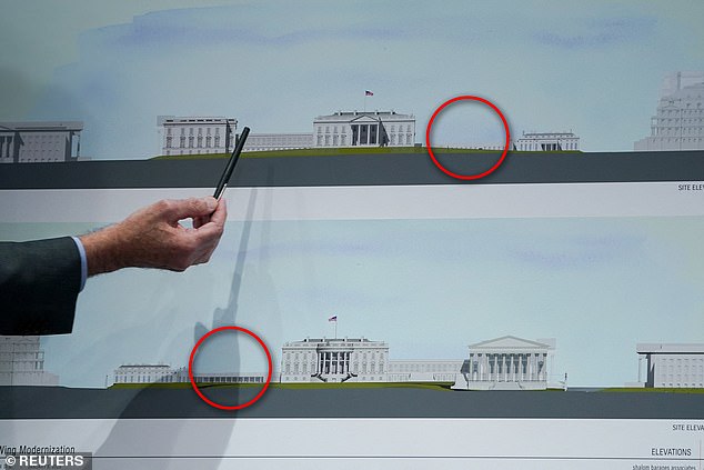 The red circles show where there would be a proposed one-story addition to the White House's West Colonnade, to balance out the two story East Colonnade, which architect Shalom Baranes pointed out with his pen at Thursday's NCPC meeting
