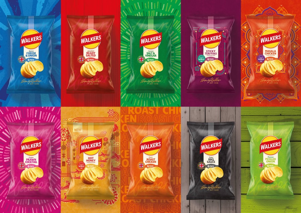 A collage of ten different flavors of Walkers potato chip bags.