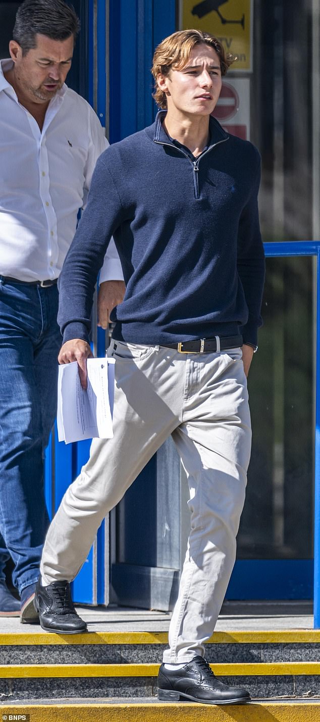 Henry Taylor (pictured leaving Poole magistrates' court), then 21, was driving the BMW with another friend in the passenger seat