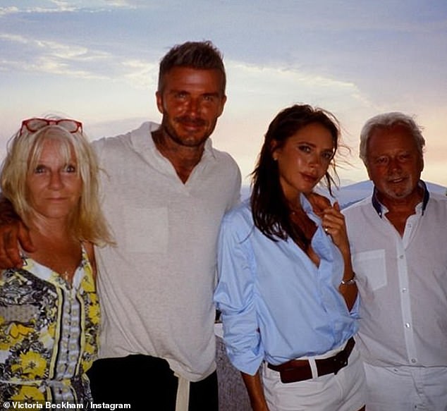 David and Victoria are pictured with her parents Tony and Jackie