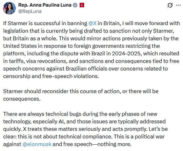 Anna Paulina Luna, a Republican member of the US House of Representatives, warned Sir Keir Stramer against any effort to ban X, formerly known as Twitter, in Britain