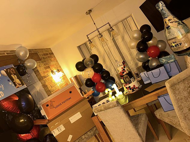 A photo understood to be from Cook's 21st birthday shows balloon displays, a custom-made banner, three-tier cake and a Louis Vuitton box