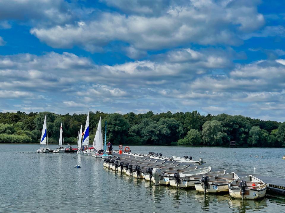 Boats docked at Hanningfield Reservoir.