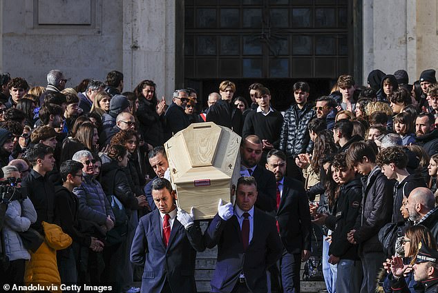 The coffin of Riccardo Minghetti, one of the 40 victims of the fire, is carried out of the Basilica of Saints Peter and Paul at the end of his funeral service in Rome, Italy, on January 7, 2026