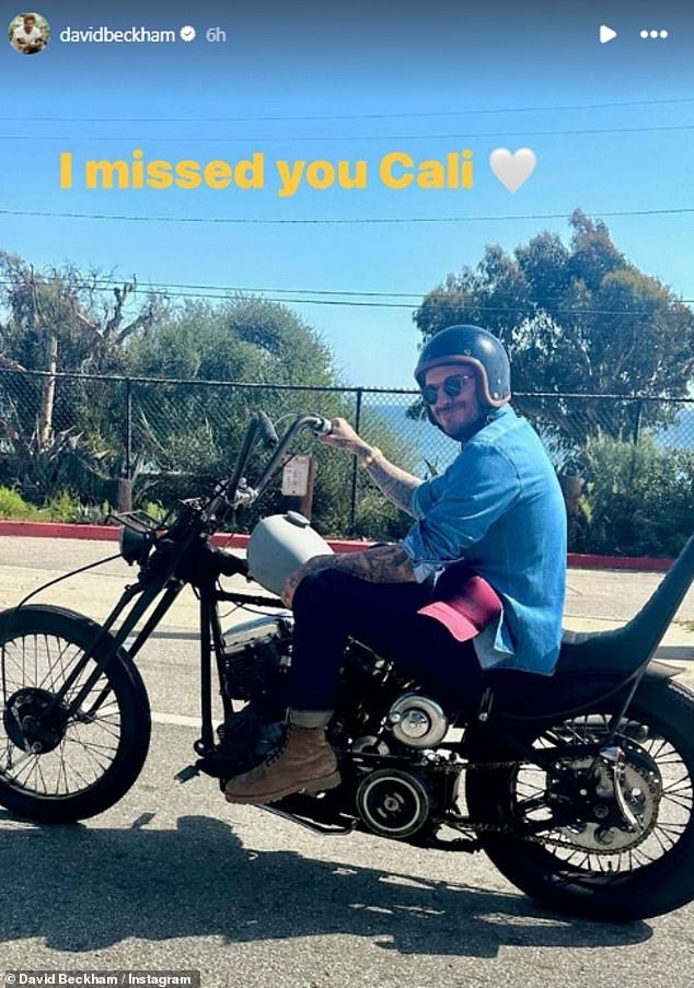 The snaps were reminiscent of one of Brooklyn's dad David riding a Harley Davidson motorbike in Los Angeles (Pictured)