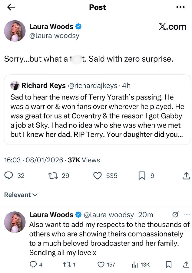 Woods branded Keys a t**t and said she was not surprised about the apparent nature of his message