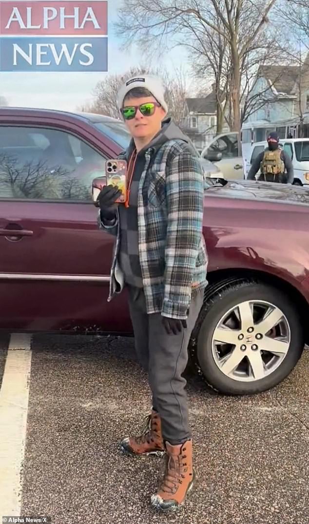 Her wife Rebecca Good, 40, can be heard urging Ross to 'show his face' as she asks him 'you wat to come at us?'