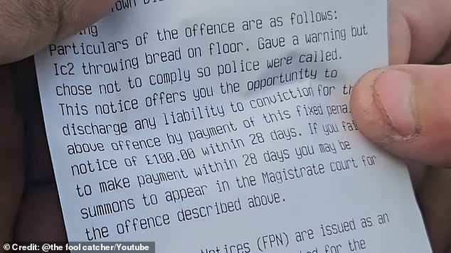 The particulars of the offence were described as 'throwing bread on the floor' in a fixed penalty notice issued to the woman