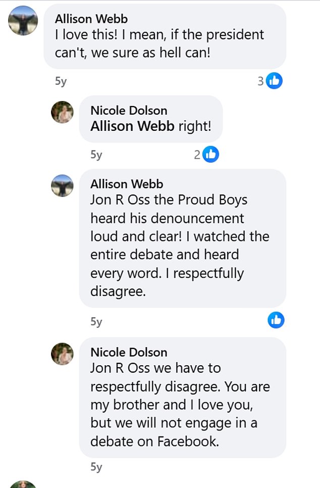 In a Facebook post, Ross and his sister Nicole engaged in a debate about the Proud Boys in 2020, following controversy over Donald Trump’s initial refusal to condemn the group during a debate with Joe Biden