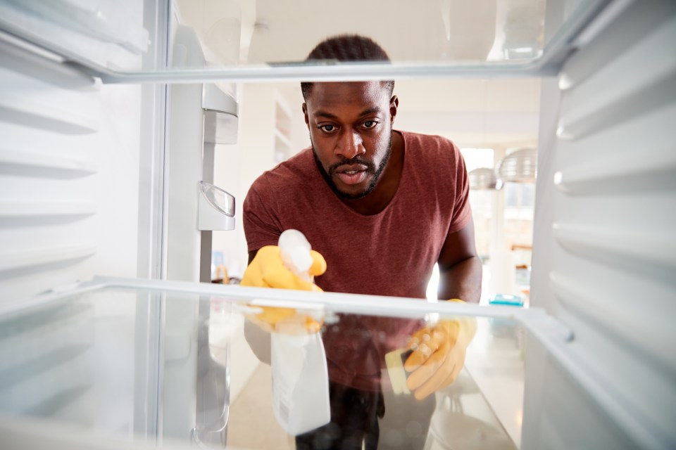 A man wearing rubber gloves cleaning the inside of an empty refrigerator.