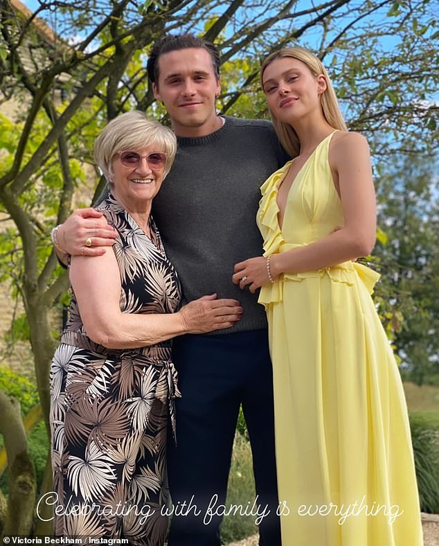 Brooklyn has, it has been claimed, kept in regular contact with his grandparents - Victoria's parents Tony and Jackie, and David's parents Ted and Sandra (Brooklyn and Nicola are pictured with Sandra at their engagement party)