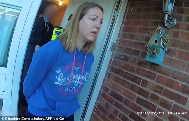 Letby pictured while being arrested at home in Chester on July 3, 2018
