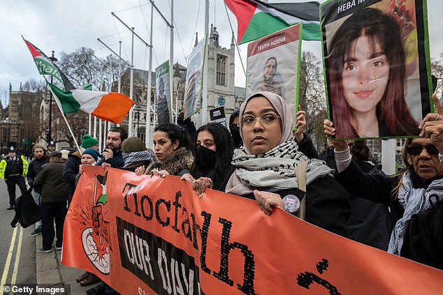 Supporters of the Palestine Action hunger strikers protest in Parliament square. Police have started to arrest protesters who shout slogans involving calls for intifada for 'racially aggravated public order offences'
