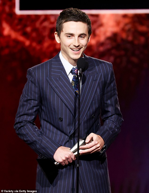 At one point, Chalamet gushed: 'Thank you to my partner of three years. Thank you for our foundation. I love you'; seen above at 2026 Critics Choice Awards in Santa Monica