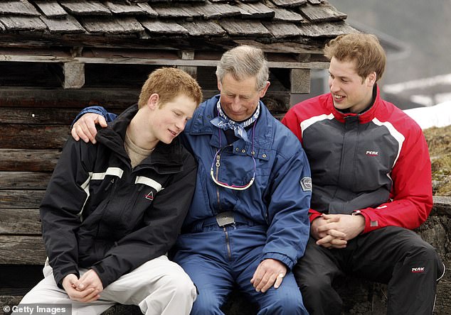 The Duke of Sussex pictured with the then Prince Charles and Prince William in 2005. A royal source previously said Harry is determined to 'reset' his relationship with his family