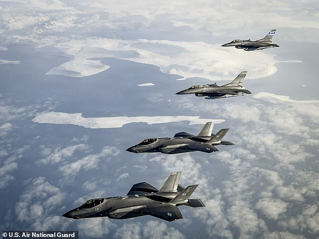 North American Aerospace Defense Command F-35 Lightning II aircraft fly over Greenland