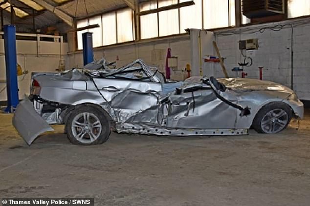 Thomas Johnson's wrecked car after he crashed it in Oxfordshire while high on laughing gas, killing three teenage passengers