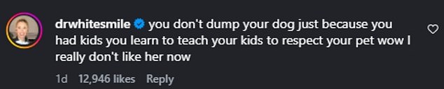 One penned, 'you don't dump your dog just because you had kids you learn to teach your kids to respect your pet wow I really don't like her now'