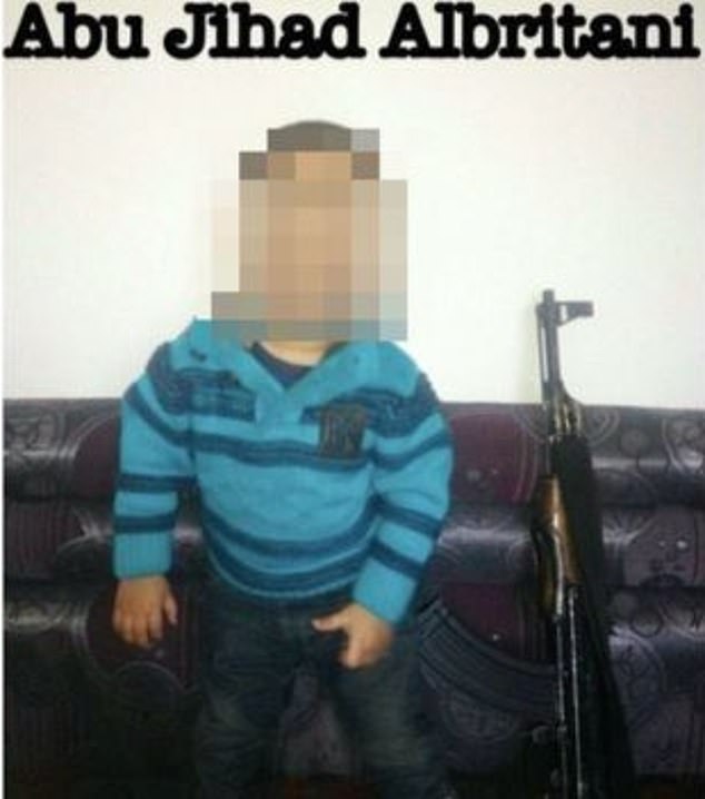 Shakil sent photographs of her son in Syria, including one image showing him sitting next to an AK-47 machine gun. The caption of the picture describes him as 'Abu Jihad al-Britani'