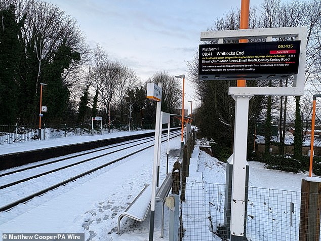 Deserted platforms and a departure board at Old Hill station in Sandwell, West Midlands, on Friday