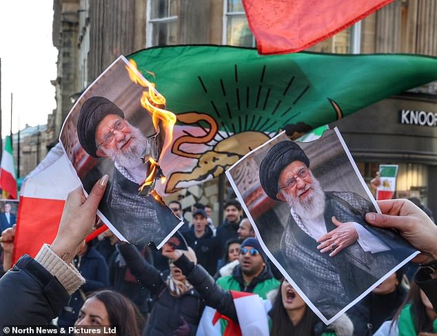 In Newcastle city centre, protesters burned photographs of Iran's Supreme Leader Ayatollah Ali Khamenei