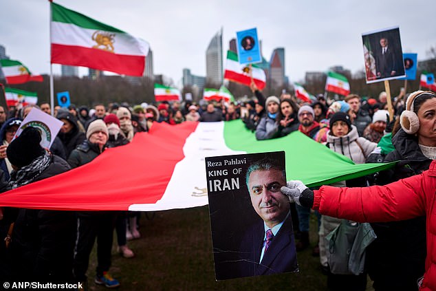 Protesters in the Netherlands had a huge Iranian flag and signs which declared Reza Pahlavi, the son of the former shah of Iran, the 'King'