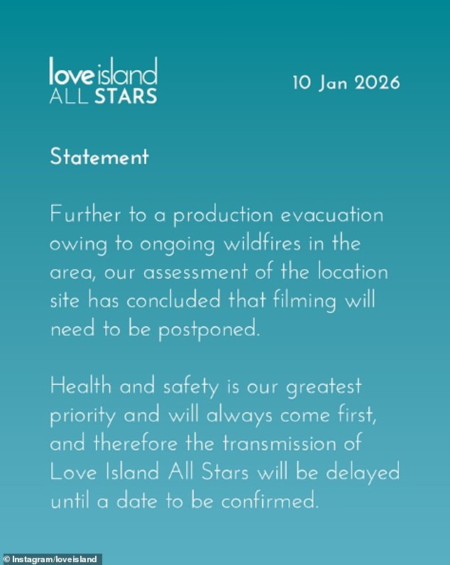 A statement from the producers of Love Island confirming the postponement of the latest series of All Stars