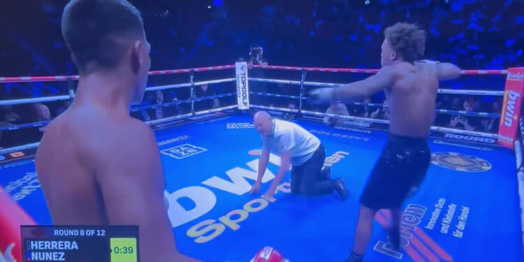 Embarrassing moment referee is FLOORED in boxing match then casually gets up and waves off fight