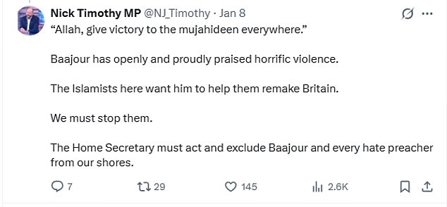 MP Nick Timothy has called for Baajour to be banned from Britain over his 'shameless anti-Semitic rhetoric' and praise for Hamas