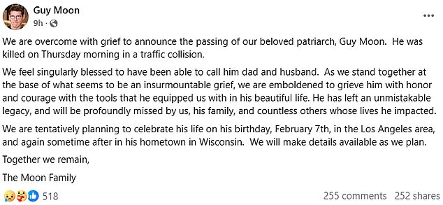'He was killed on Thursday morning in a traffic collision,' his loved ones shared. 'We feel singularly blessed to have been able to call him dad and husband'