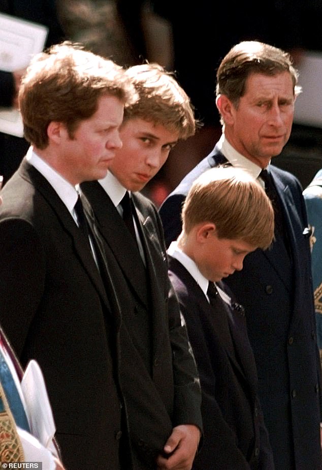 The book was said to have been the result of a $20 million deal with Penguin Random House and its widespread commercial success gave Prince Harry a new voice, as Robert Hardman noted 'none could be unmoved' by the Duke's emotional account of his mother Diana's funeral in 1997. Pictured: William, looking at the camera, and Harry, with his head bowed, at the funeral service in London on September 6, 1997
