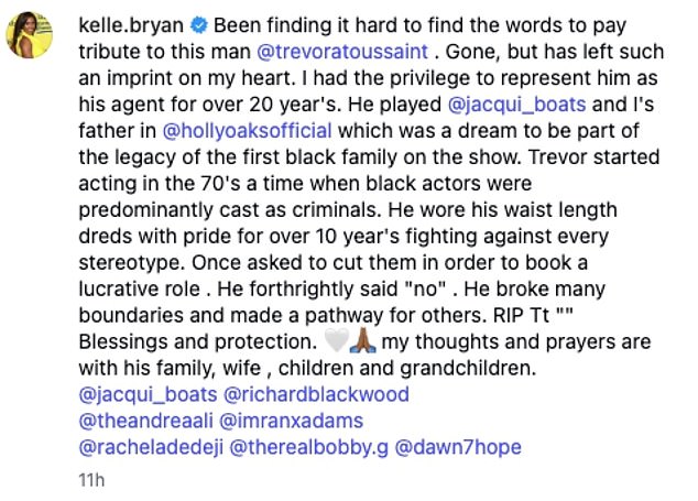 She wrote: 'Been finding it hard to find the words to pay tribute to this man @trevoratoussaint. Gone, but has left such an imprint on my heart;