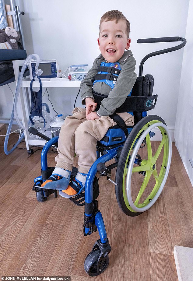 Ollie has problems with his breathing and is hooked up to an oxygen machine at night, fed through a tube and is wheelchair-bound