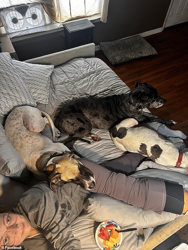 Mears is seen laying with her remaining three dogs as she recovers from the amputation