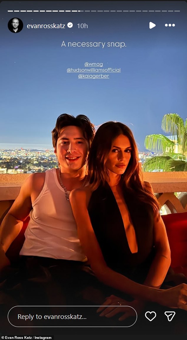 Gerber also struck a pose on a scenic balcony with Heated Rivalry actor Hudson Williams (L)