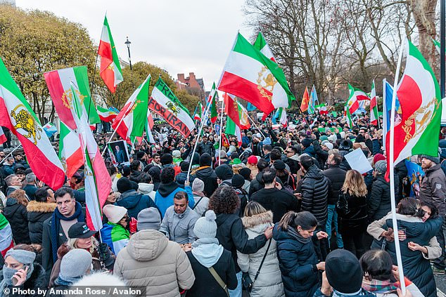 A demonstration in London, in support of the protests in Iran and against the Islamic Republic and Ayatollah, outside the Iranian Embassy in Kensington