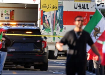 A U-Haul truck that reportedly was driven through an anti-Iranian regime rally on Jan. 11, 2026 in Los Angeles.