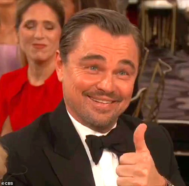 A screenshot of DiCaprio giving a joyful 'thumbs up' during the three-hour ceremony quickly began making the rounds on X and Instagram