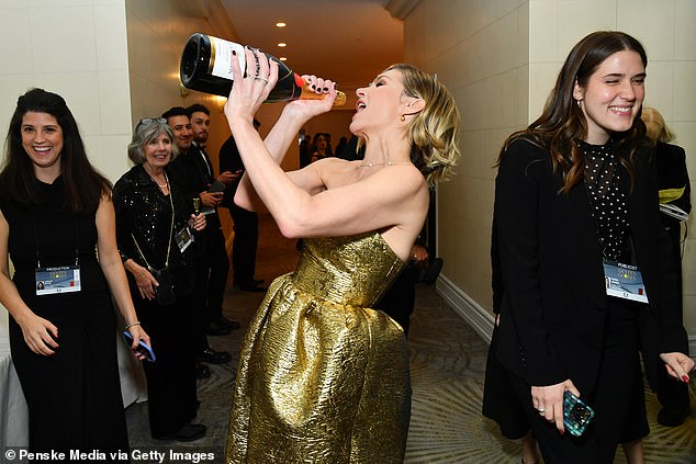 Rhea Seehorn won the award for Best Female Actor in a Drama Series based on her performance in the series Pluribus and celebrated with champagne