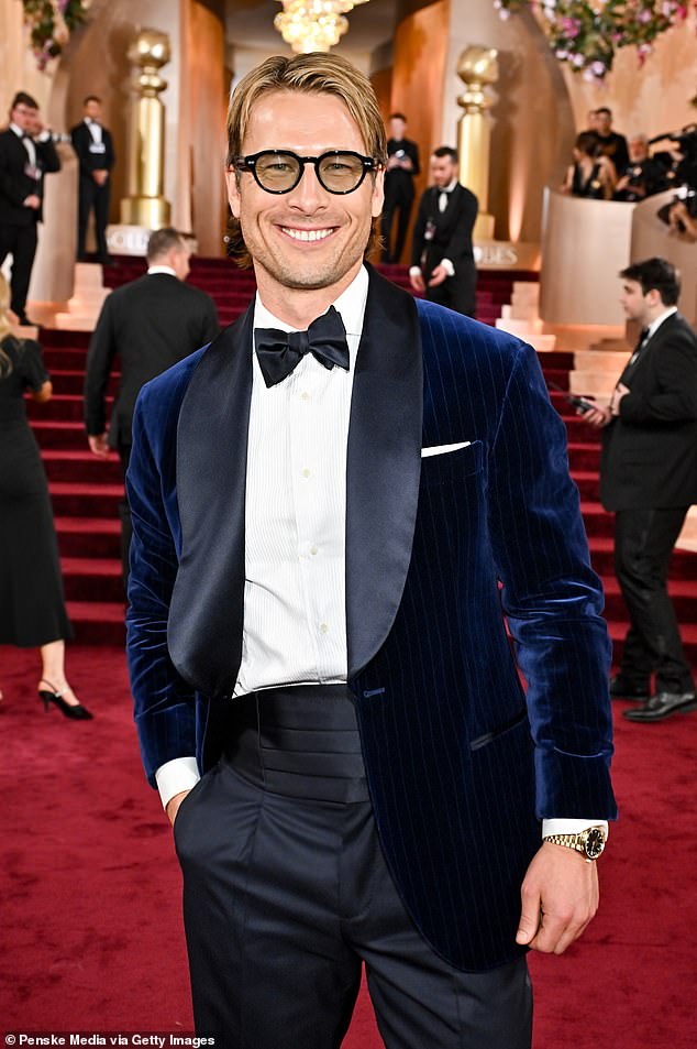 Glen Powell debuted longer, lighter hair and glasses with a blue velvet tuxedo - and the internet immediately split